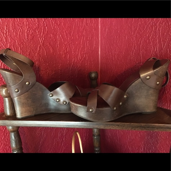 BCBGirls Shoes - BCBGirls Genuine Wood/Leather Wedge Sandal Vintage